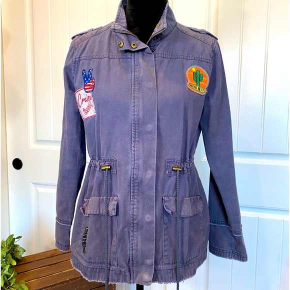 Miss London Jackets & Blazers - Miss London Faded Distressed Blue Drawstring Patched Jacket